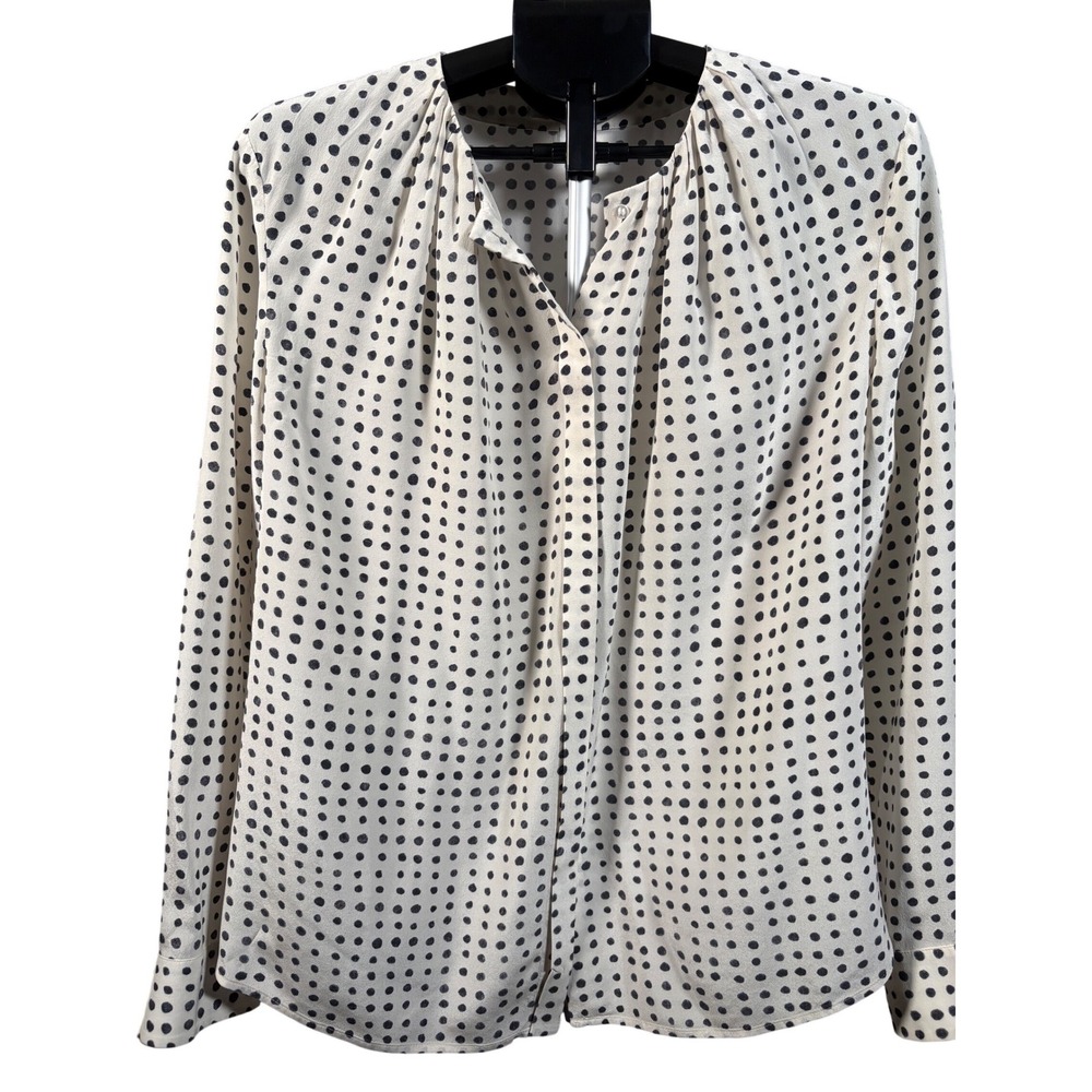 New BOSS Hugo Boss 100% Silk Polka Dot Blouse Ivory Black Long Sleeve Draped S14
